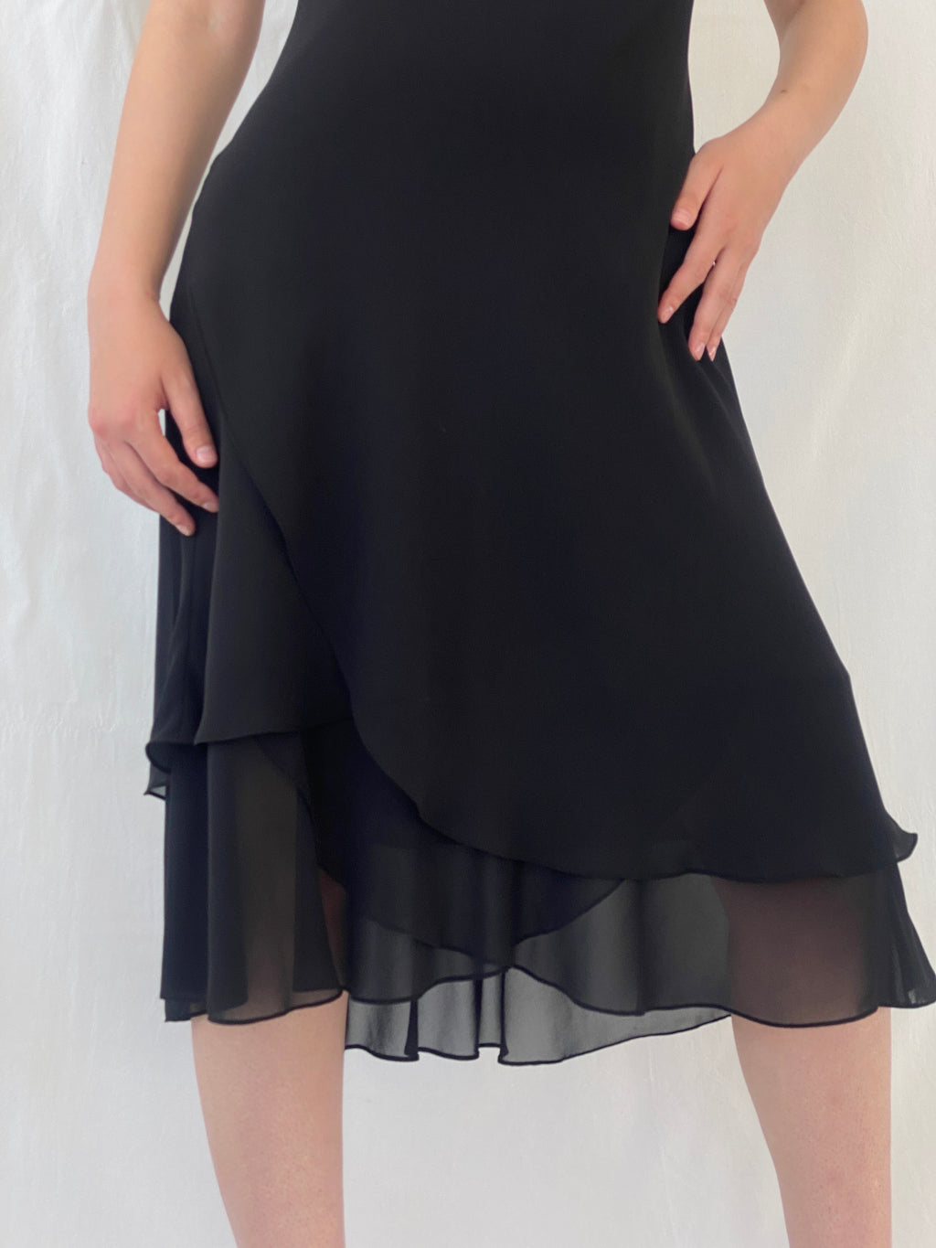 Vintage 90s Romantic Black Midi Short Sleeve Cowl Neck Dress - L