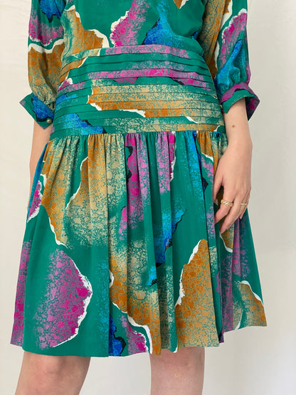 Vintage Silken Green Abstract Print Pleated Waist Midi Dress 80s 90s Statement Dress - M