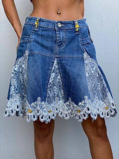 Y2K Rosa & Rose Blue Cotton Denim Lace Rhinestone Flared Skirt – S