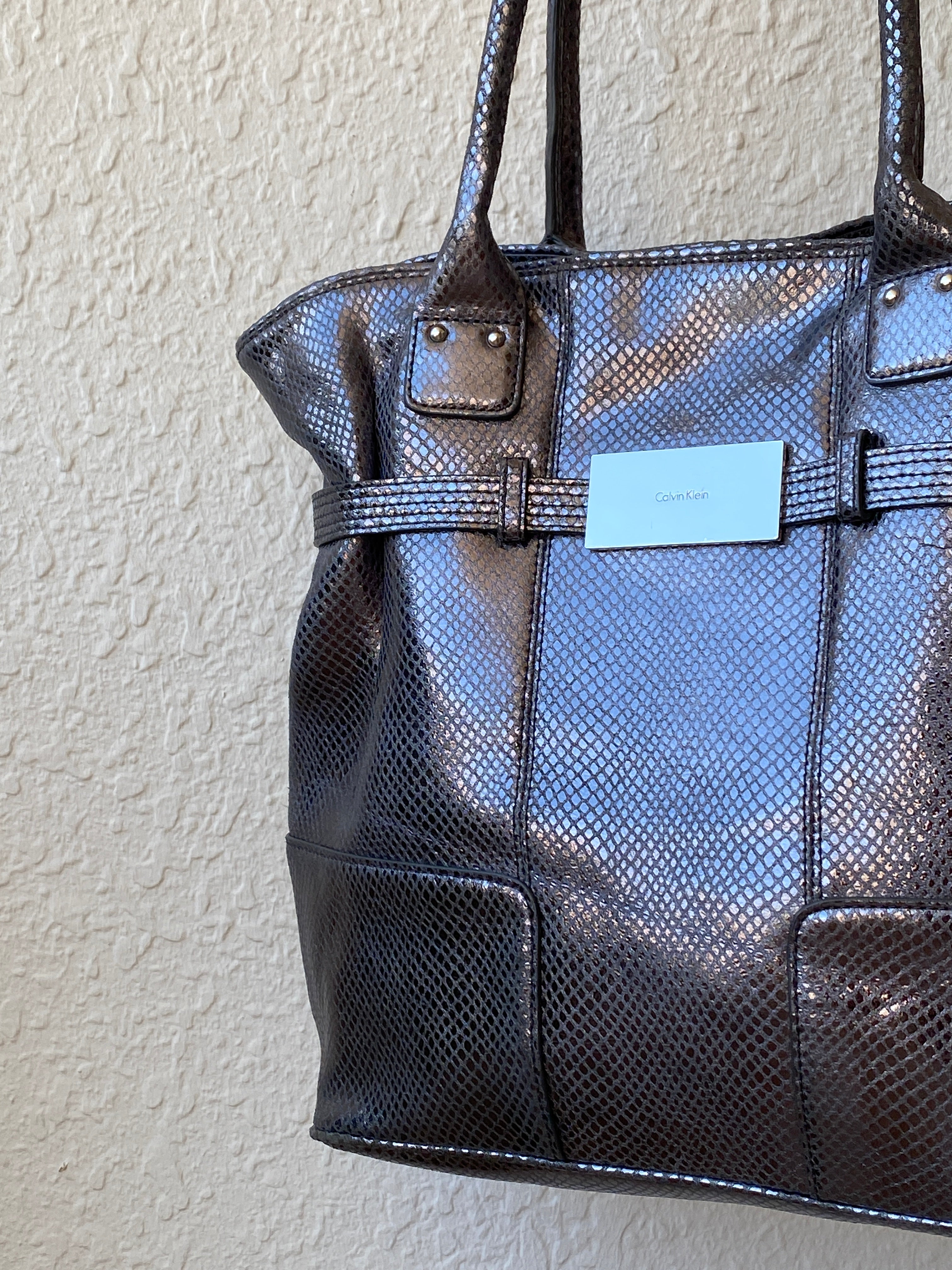 Calvin Klein Snakeskin Faux Leather Tote Bag Metallic Black Grey Purse