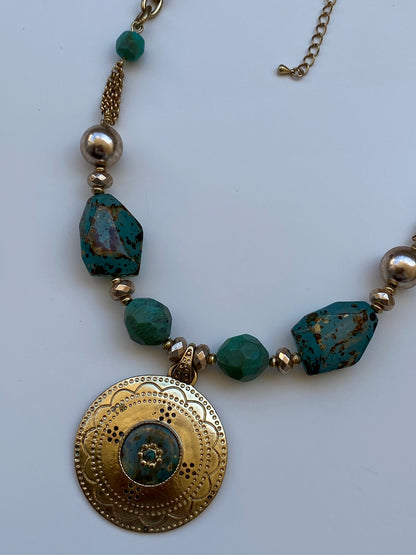 Vintage Boho Gold Tone Pendant Necklace with Green Stone Beads – Ethnic Statement