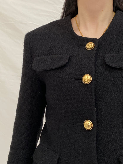 Vintage Directory Black Bouclé Blazer & Skirt Set - 90s Tailored Two Piece Suit, Gold Button Jacket, Minimalist Power Set - M