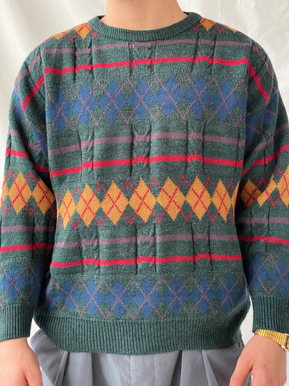 Vintage Peter Gribby Men’s Green Knitted Crew Neck Diamond Print Jumper Sweater - L