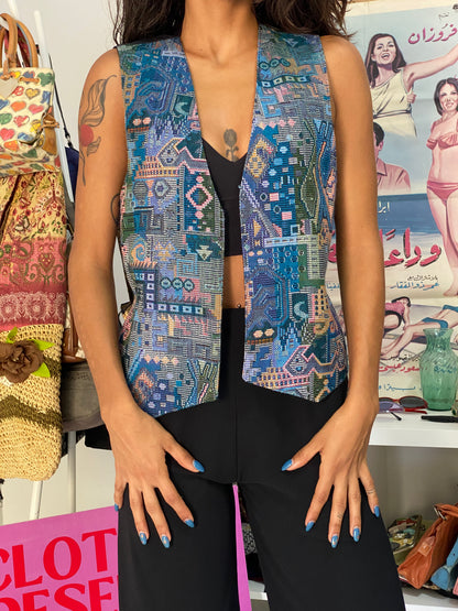 Vintage 90s Boho Tapestry Multicolor Woven Paisley Vest - M