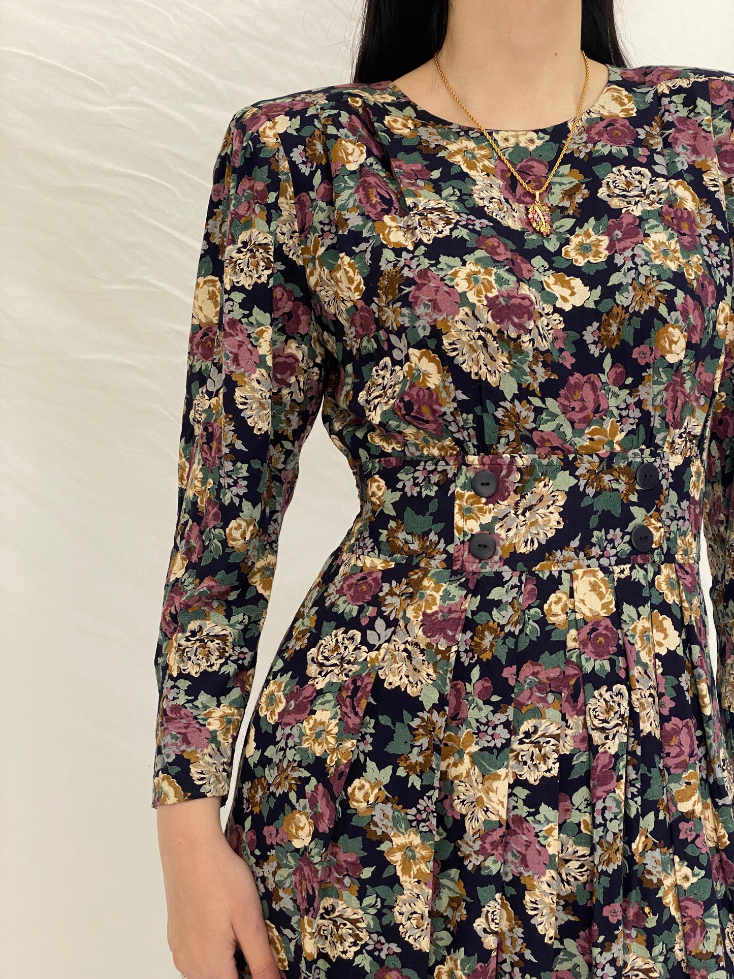 Vintage Petite Sophisticate Floral Dress Long Sleeve Fit & Flare Mini Dress, 90s Romantic Floral Dress - S