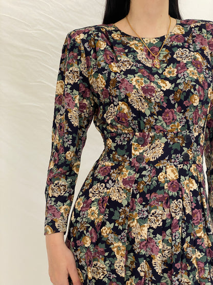 Vintage Petite Sophisticate Floral Dress Long Sleeve Fit & Flare Mini Dress, 90s Romantic Floral Dress - S