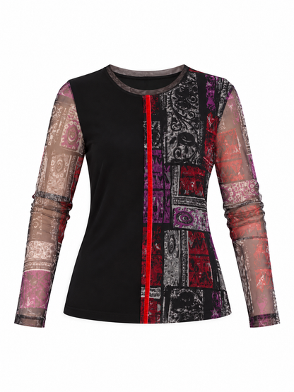 Vintage EQUUS Black Abstract Print Mesh Sleeve Grunge Top – L