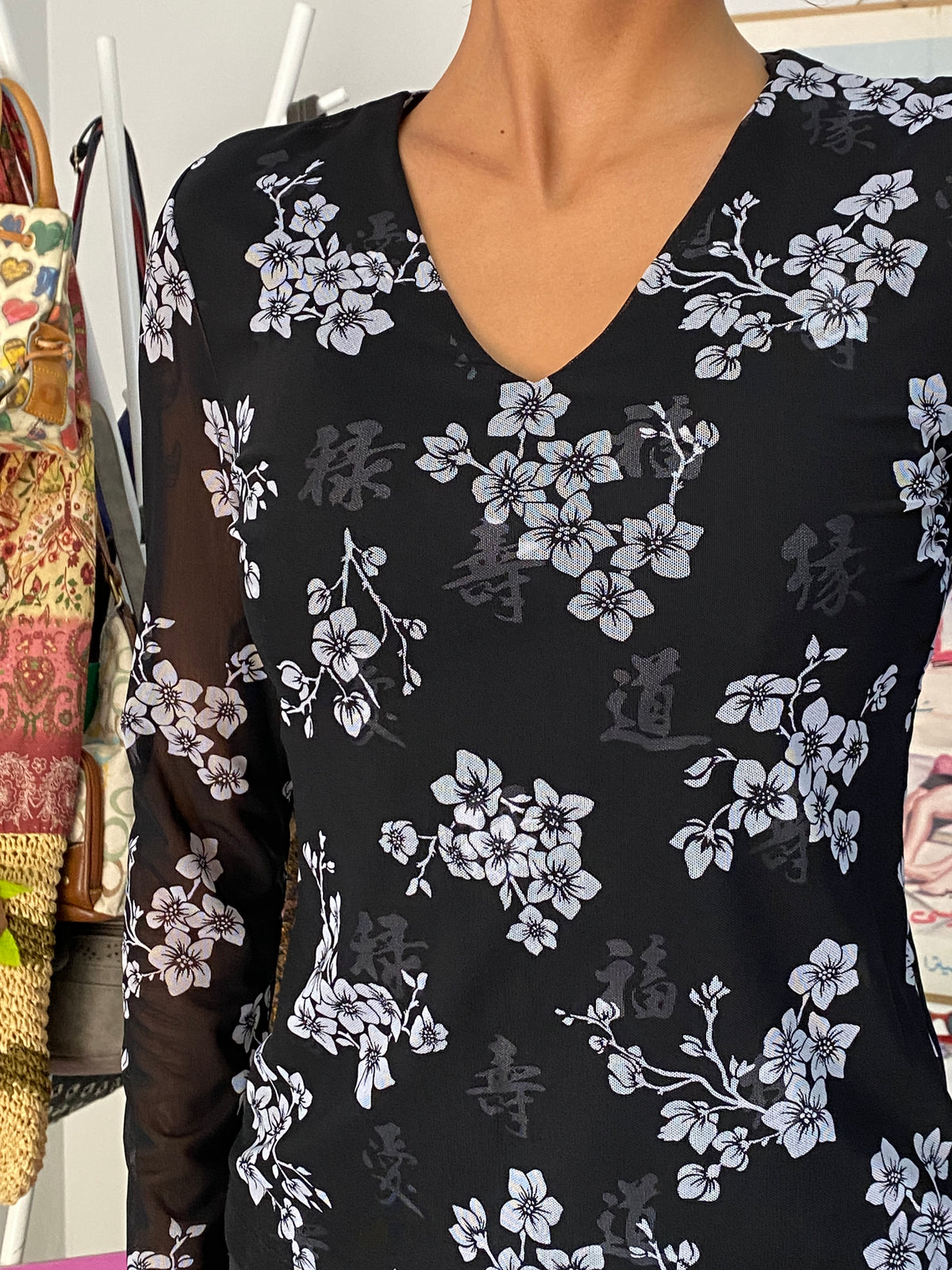 Vintage 90s Y2K Petite Sophisticate Black Floral Mesh Long Sleeve Top - S Vintage 90s Y2K Petite Sophisticate Black Floral Mesh Long Sleeve Top - S