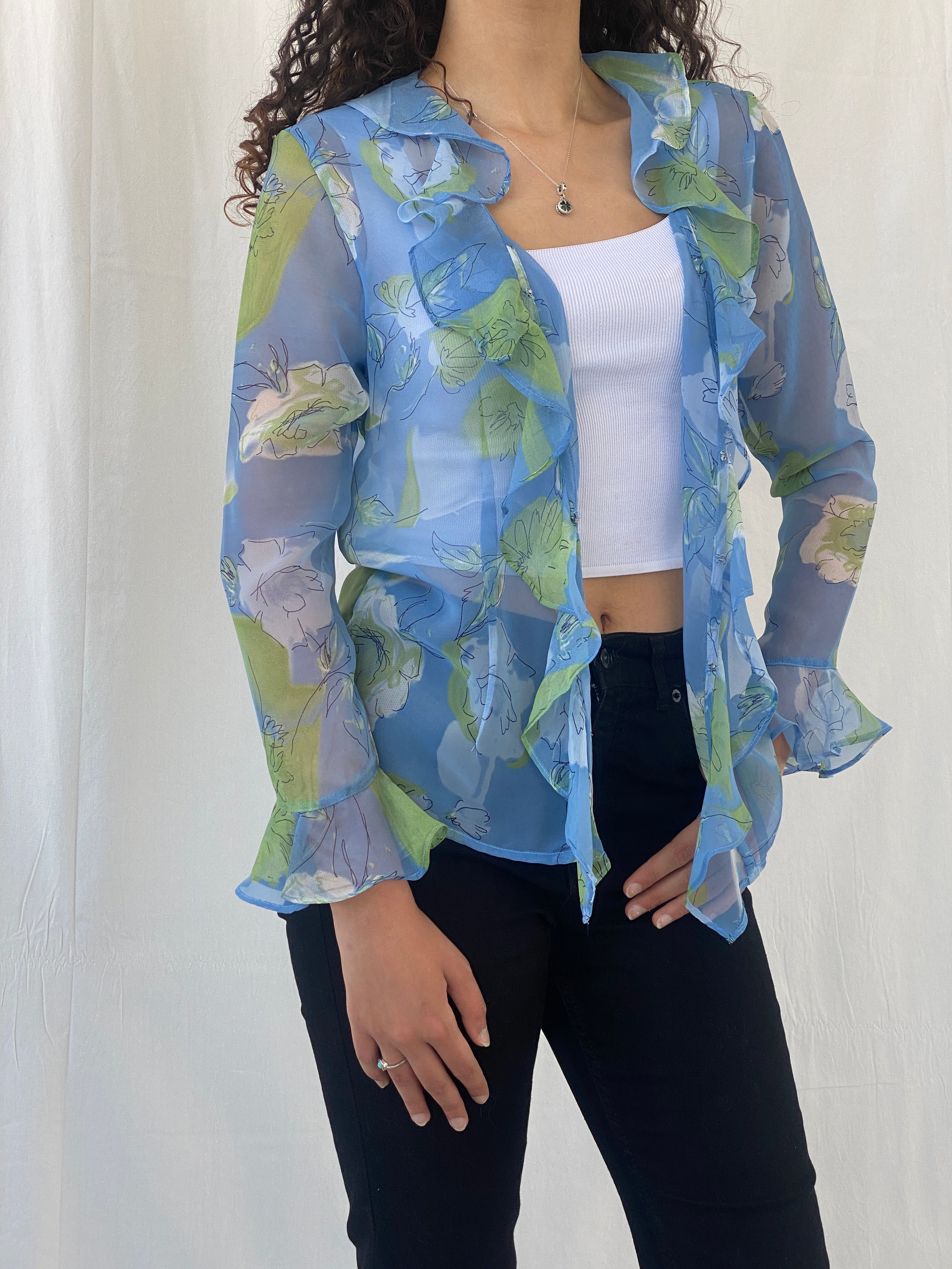 Vintage Penmaris Sheer Blue Floral Green Ruffled Trim Cardigan - M