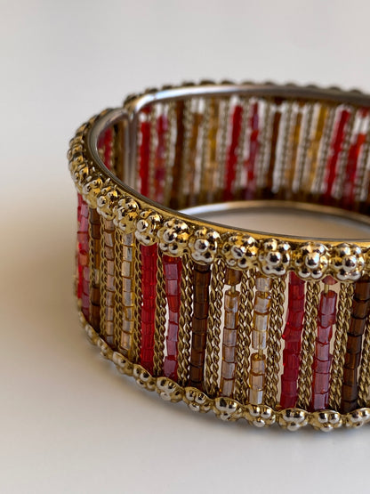 Vintage Gold-Tone Red & Amber Beaded Hinged Cuff Bracelet