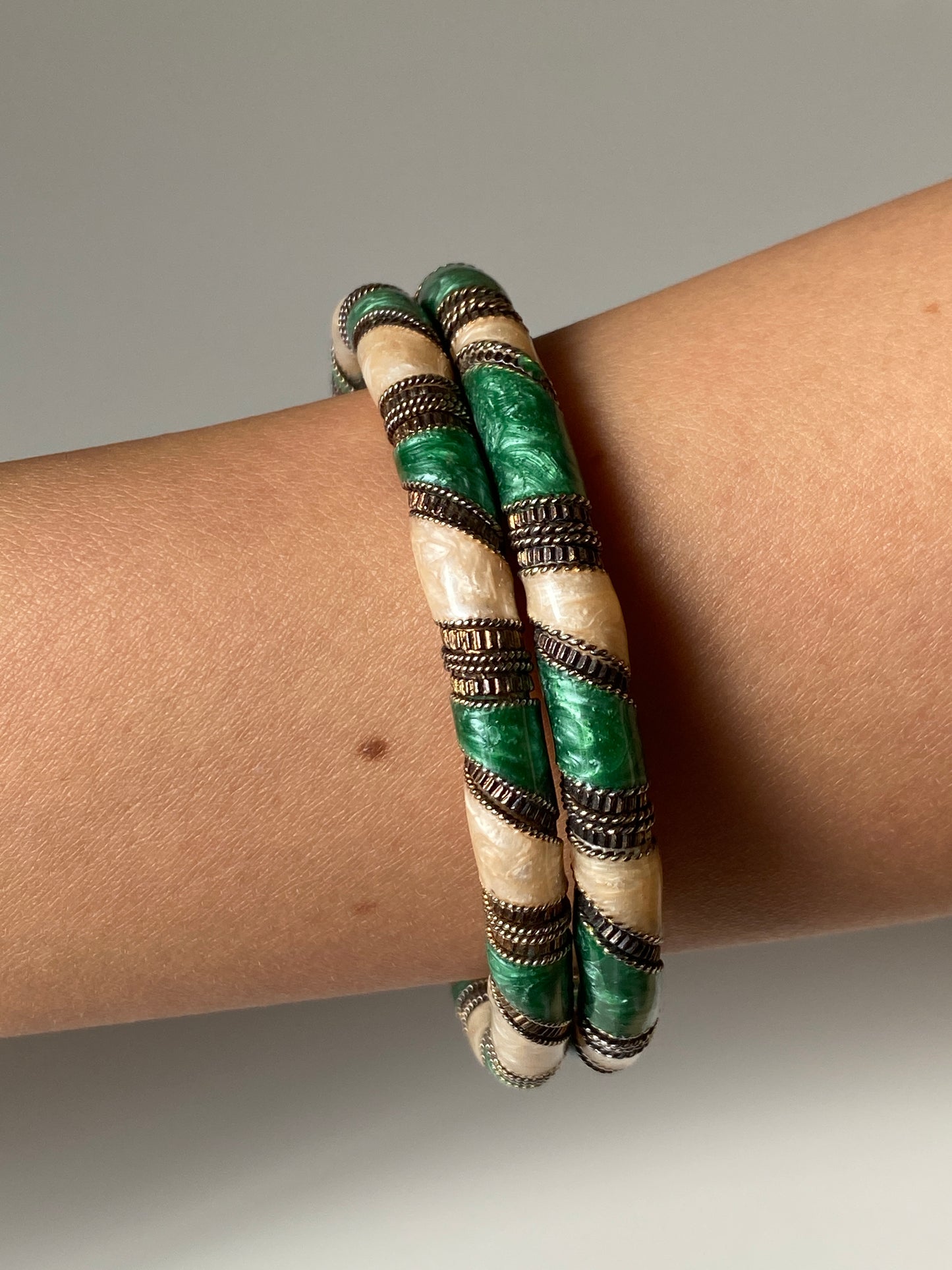 Vintage Green & Ivory Faux Malachite Rigid Bangles with Brass-Tone Detailing