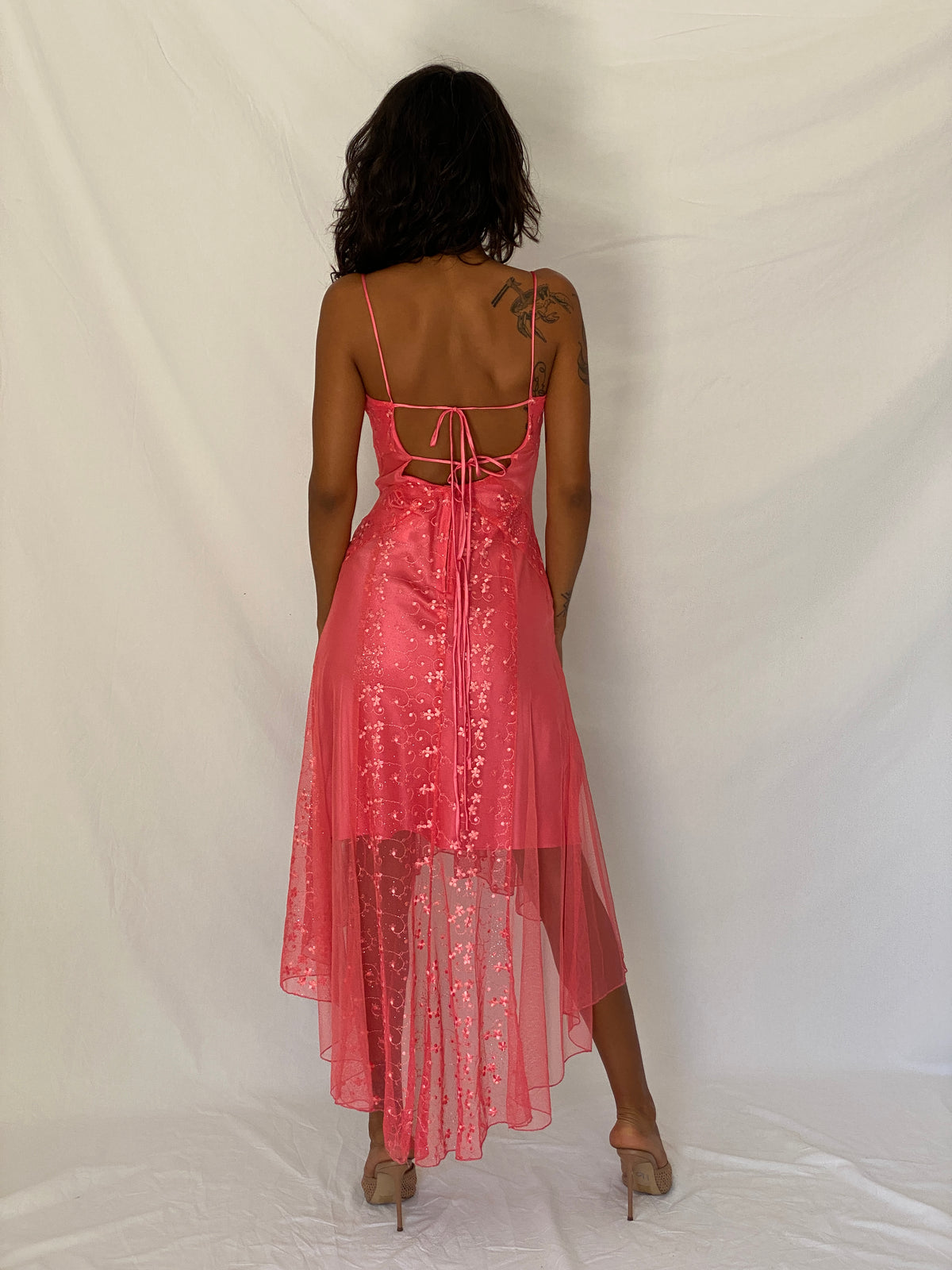 Vintage Y2K Eureka USA Hot Pink Embroidered Glitter Mesh High-Low Dress - XS Vintage Y2K Eureka USA Hot Pink Embroidered Glitter Mesh High-Low Dress - XS