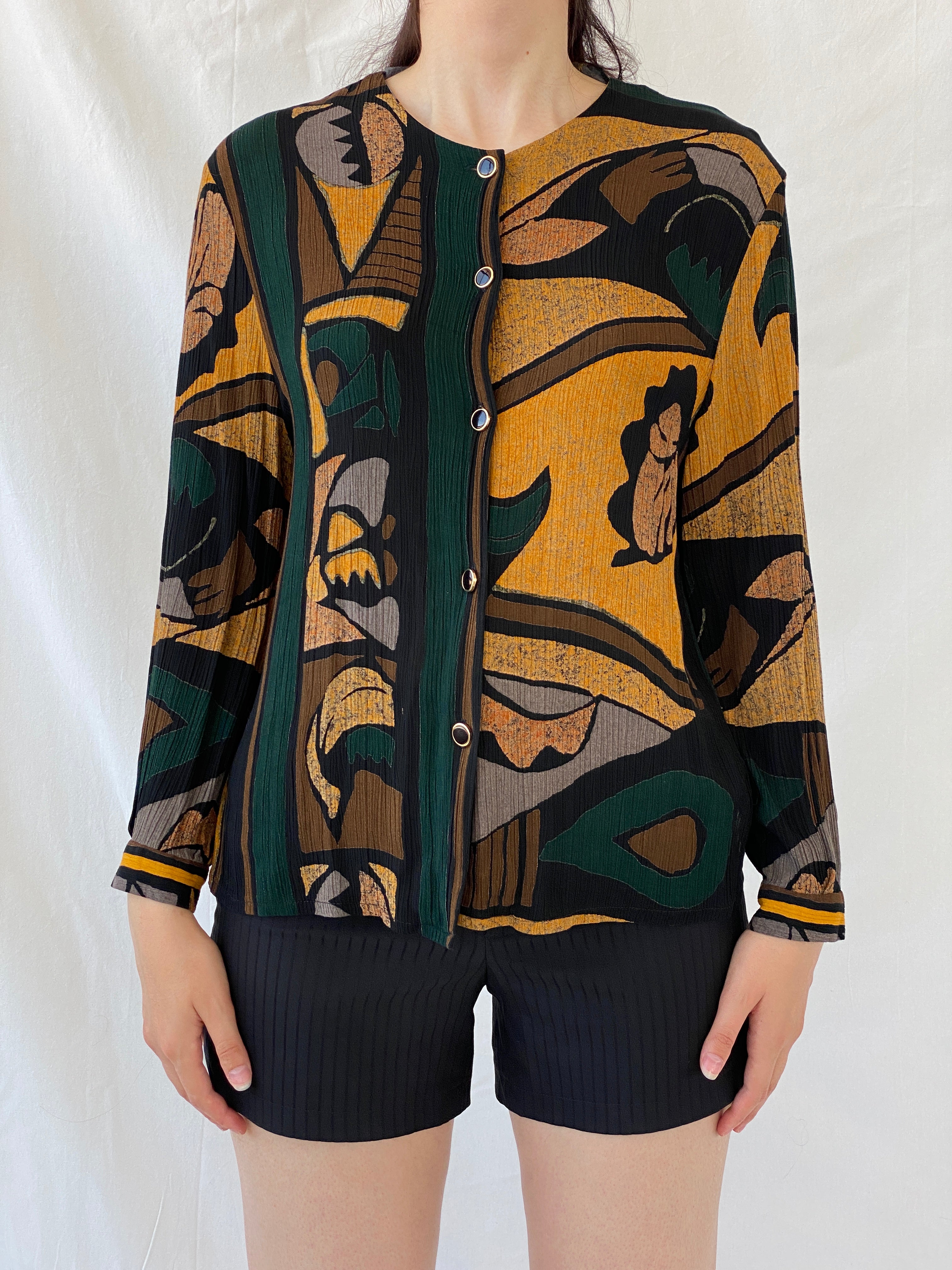 Vintage Your Sixth Sense Abstract Print Full Sleeve Boho Retro Button Up Shirt - XL