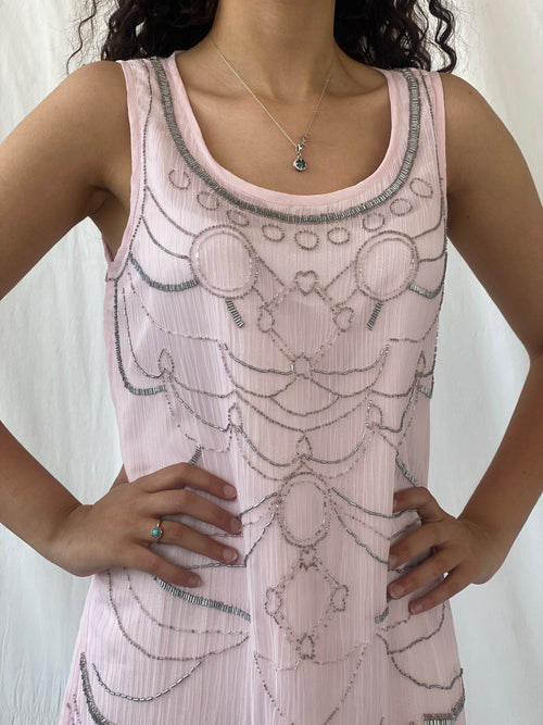Cache Cache Pink 20s Gatsby Deco Sleeveless Silver Beaded Sheath Midi Dress - M