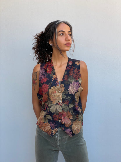 Vintage 90s Ardmore Black Floral Waistcoat Rayon Button-Front Vest – L