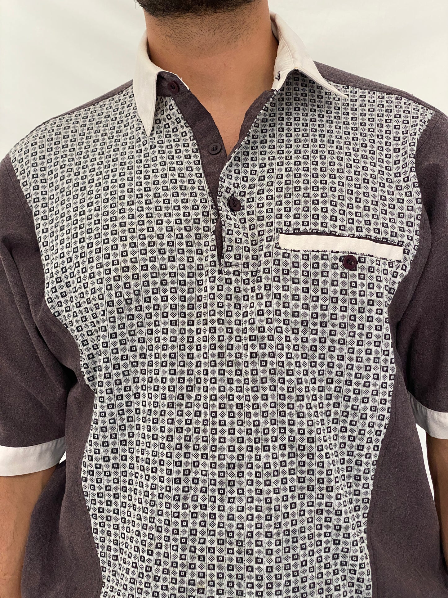 Vintage 90s II SPORT Brown & White Men’s Patterned Polo Shirt – L