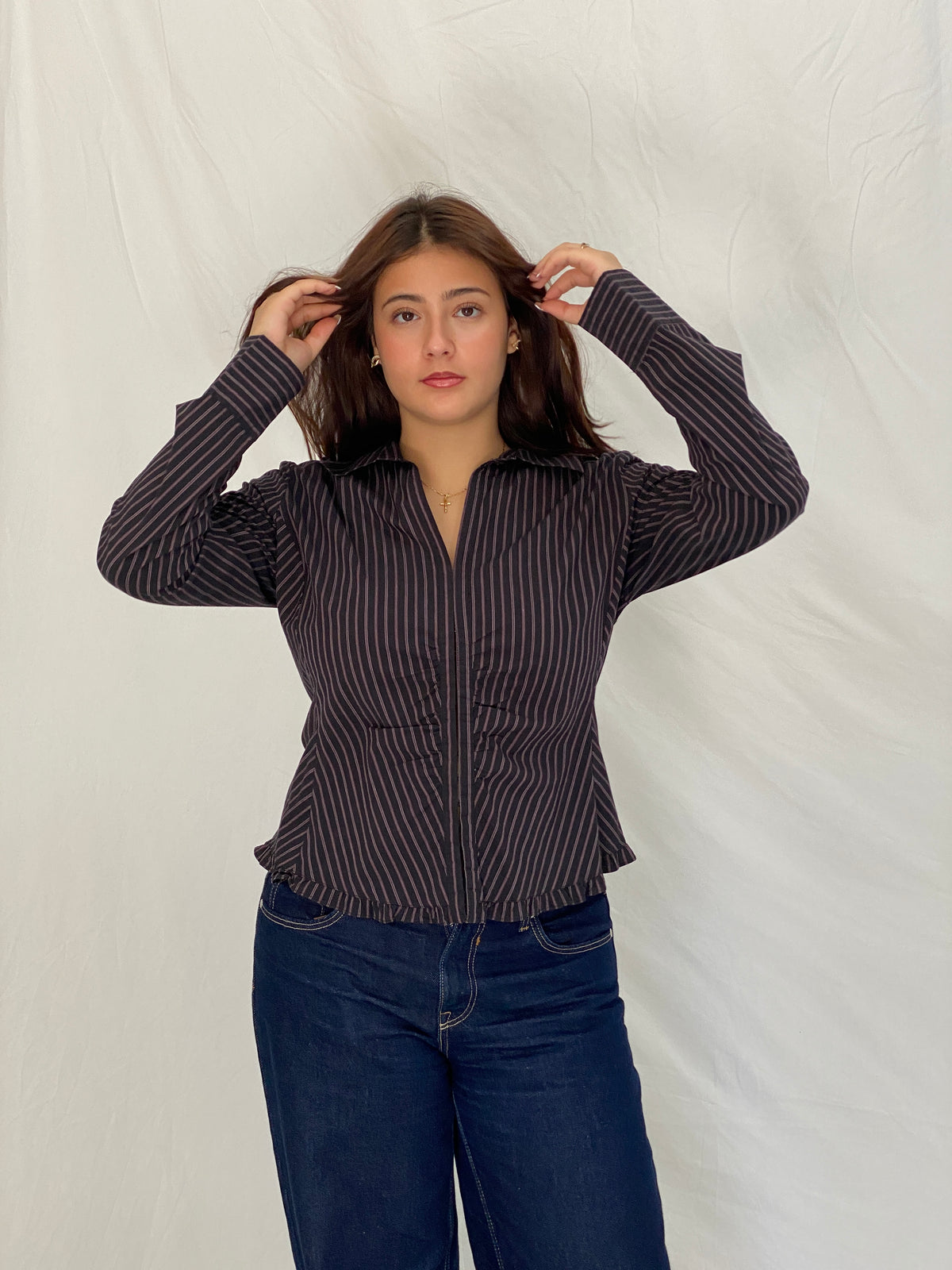 Vintage Y2K RW & Co. Black Pink Pinstripe Ruched Ruffle Zip-Up Blouse - XL Vintage Y2K RW & Co. Black Pink Pinstripe Ruched Ruffle Zip-Up Blouse - XL