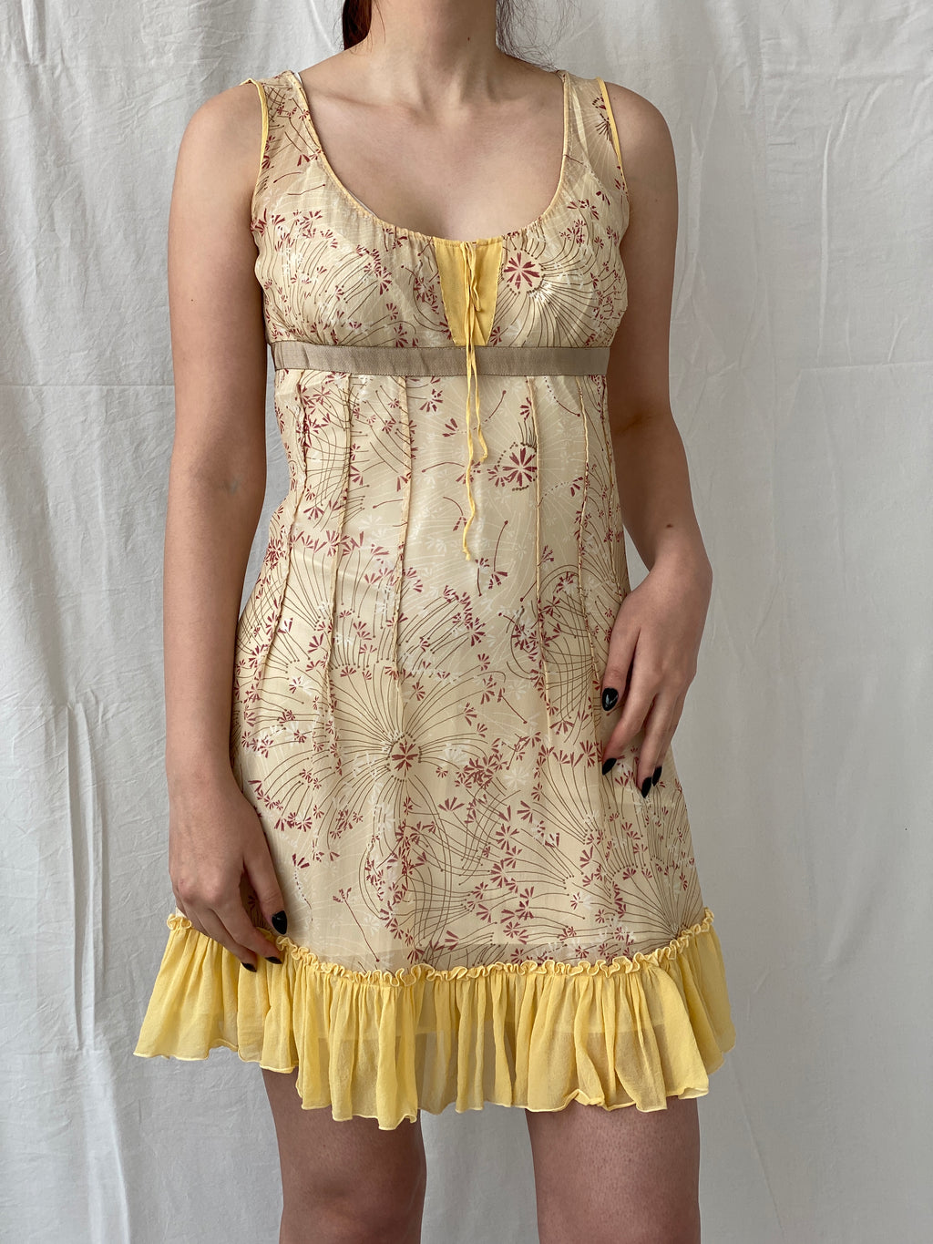 Beautiful Sportmax Code by  Max Mara Yellow Floral Sleeveless Coquette Silk Sheer Dress - S