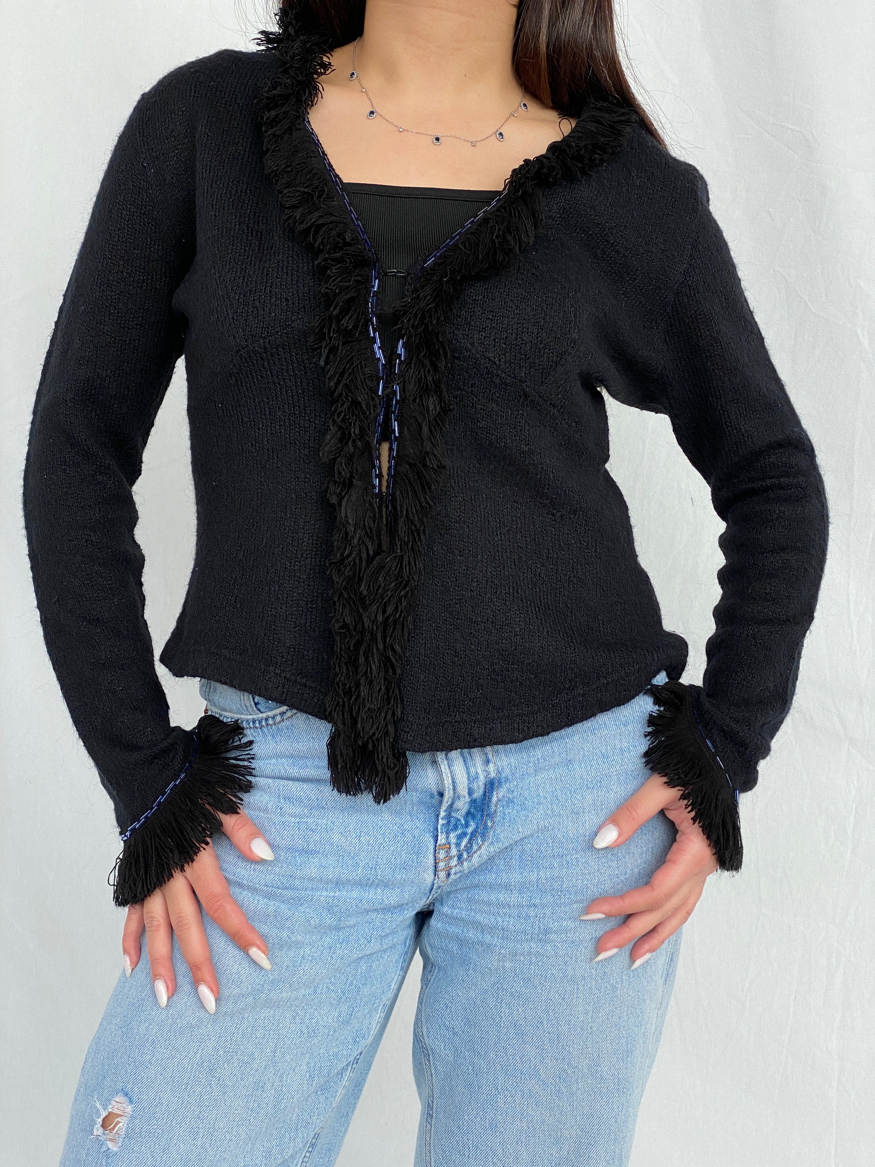 Vintage STENIA Sport Black Knit Beaded Cardigan with Fringed Collar - L