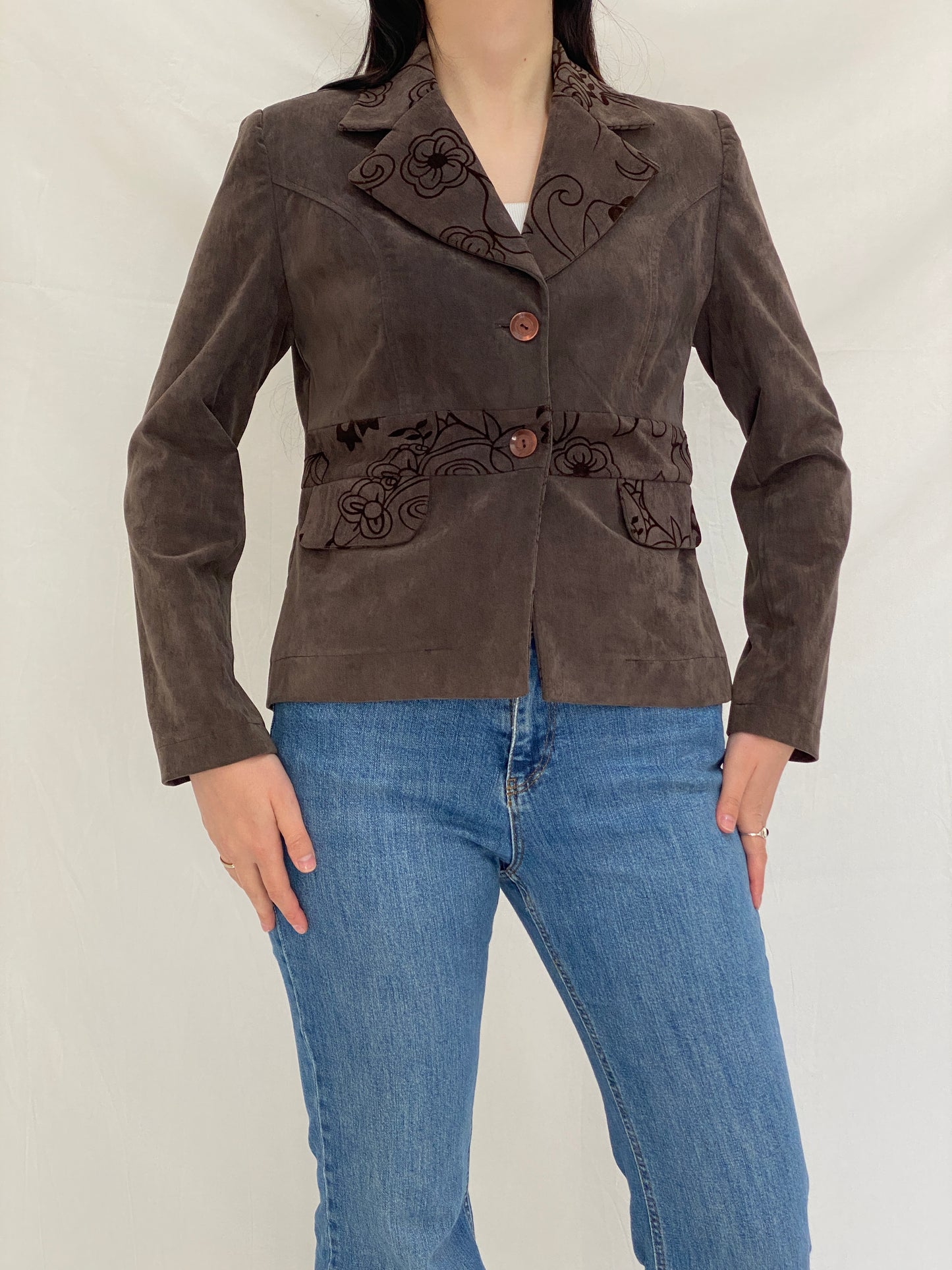 Vintage 90s Brown Textured Floral Blazer Jacket - M