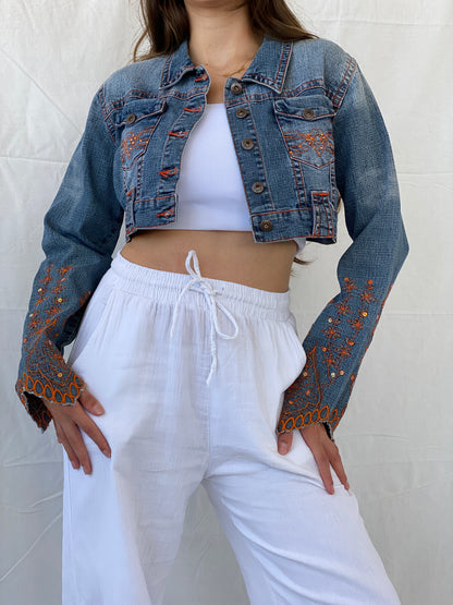 Vintage Y2K Apollo Jeans Cropped Denim Jacket With Orange Embroidery Details - M