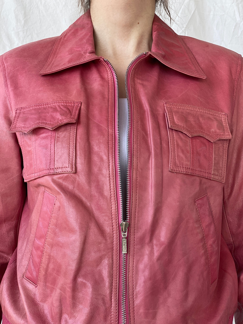 Vintage Mellachia Pink Women’s Genuine Leather Biker Style Bomber Jacket - M