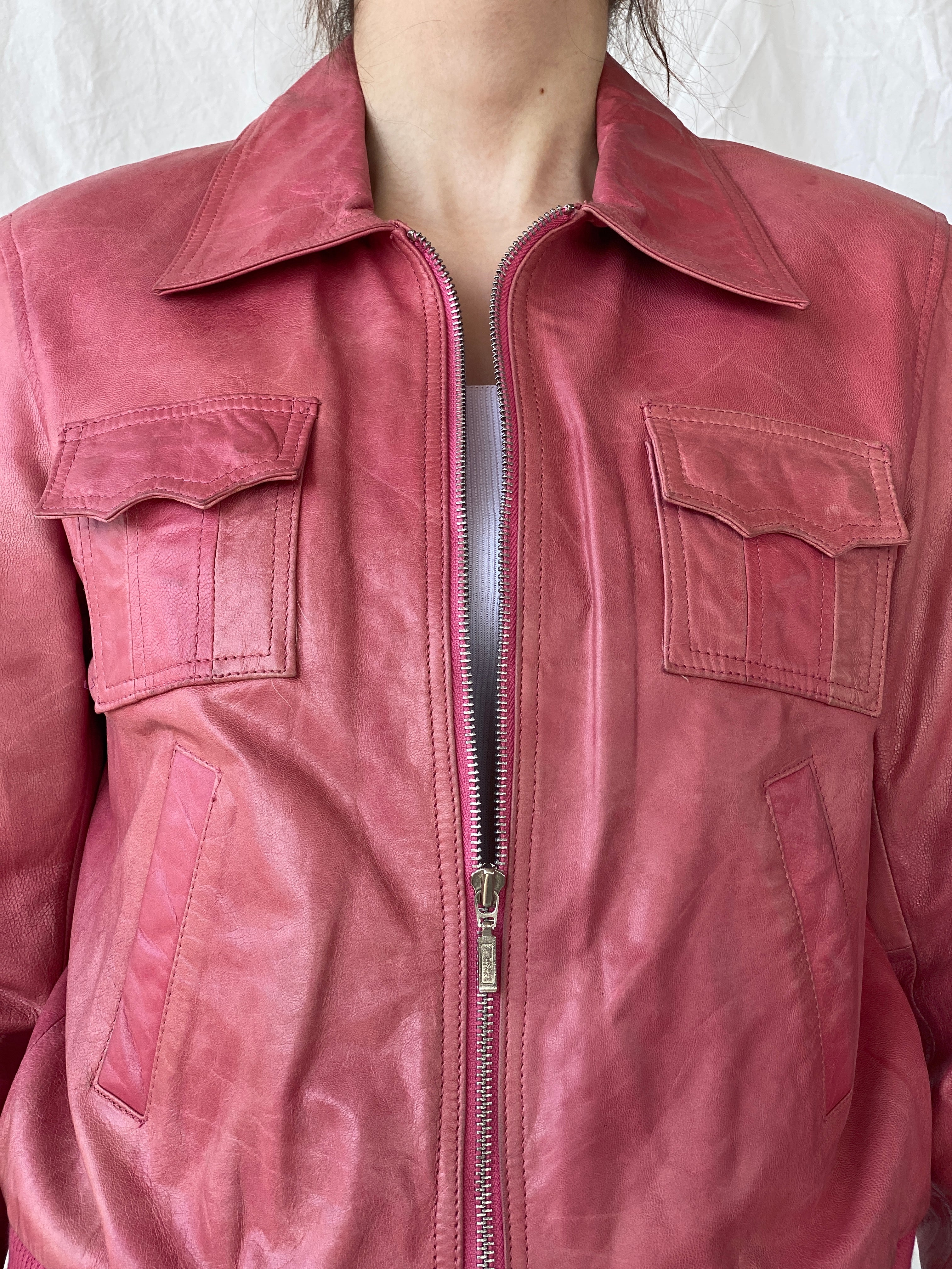 Vintage Mellachia Pink Women’s Genuine Leather Biker Style Bomber Jacket - M
