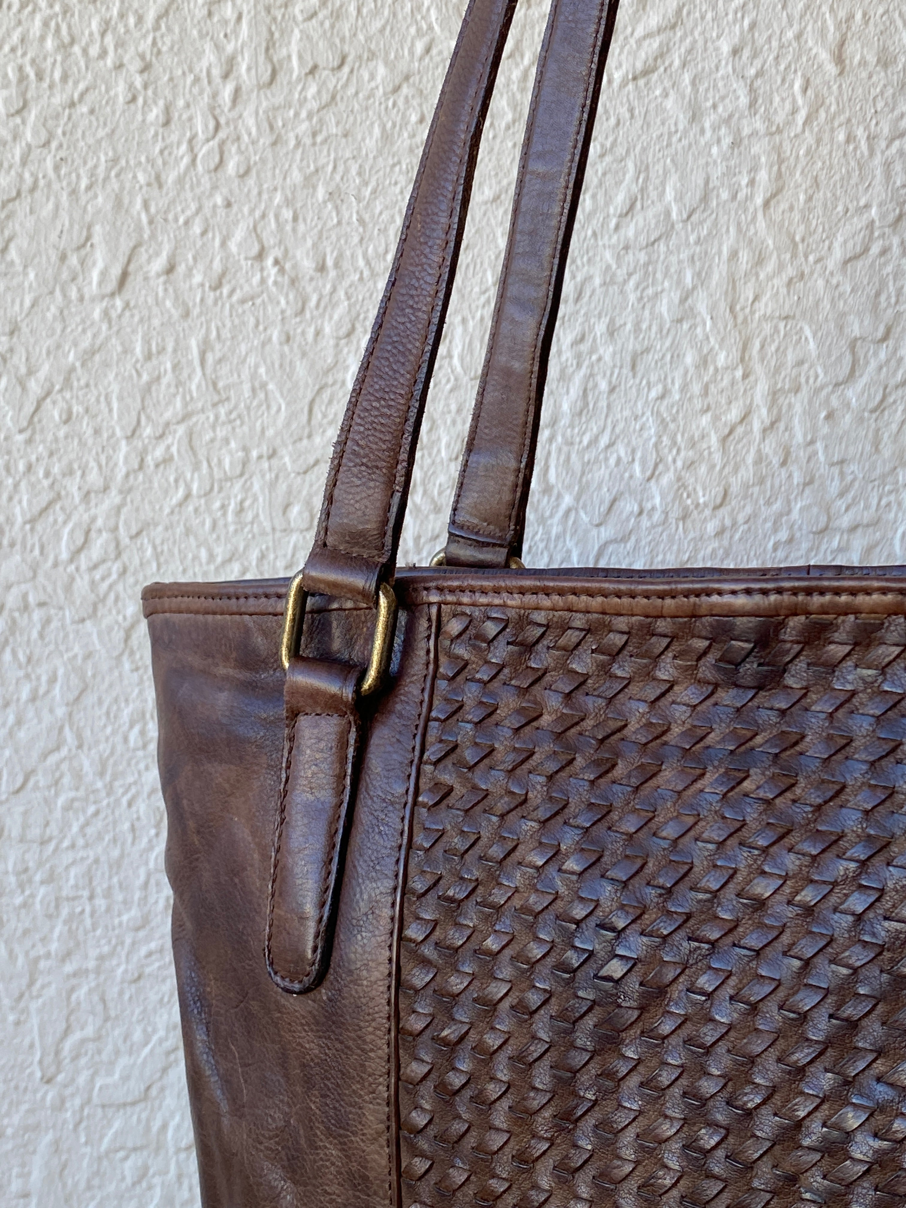 Vintage Distressed Brown Genuine Indian Woven Leather Tote Shoulder Bag