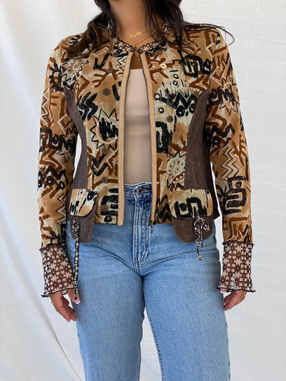 90s Pause Café Brown Boho Print Semi Mesh Zip Up Cardigan - XL