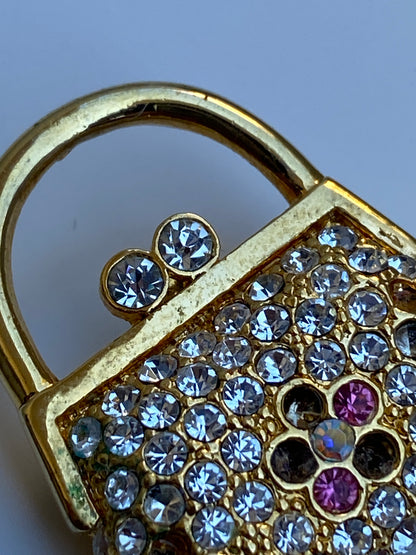 Vintage JS Gold-Tone Rhinestone Handbag Brooch Multicolor Crystal Purse Pin