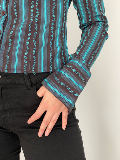 Vintage Y2K Style Turquoise & Brown Striped Fitted Button-Up Shirt - M