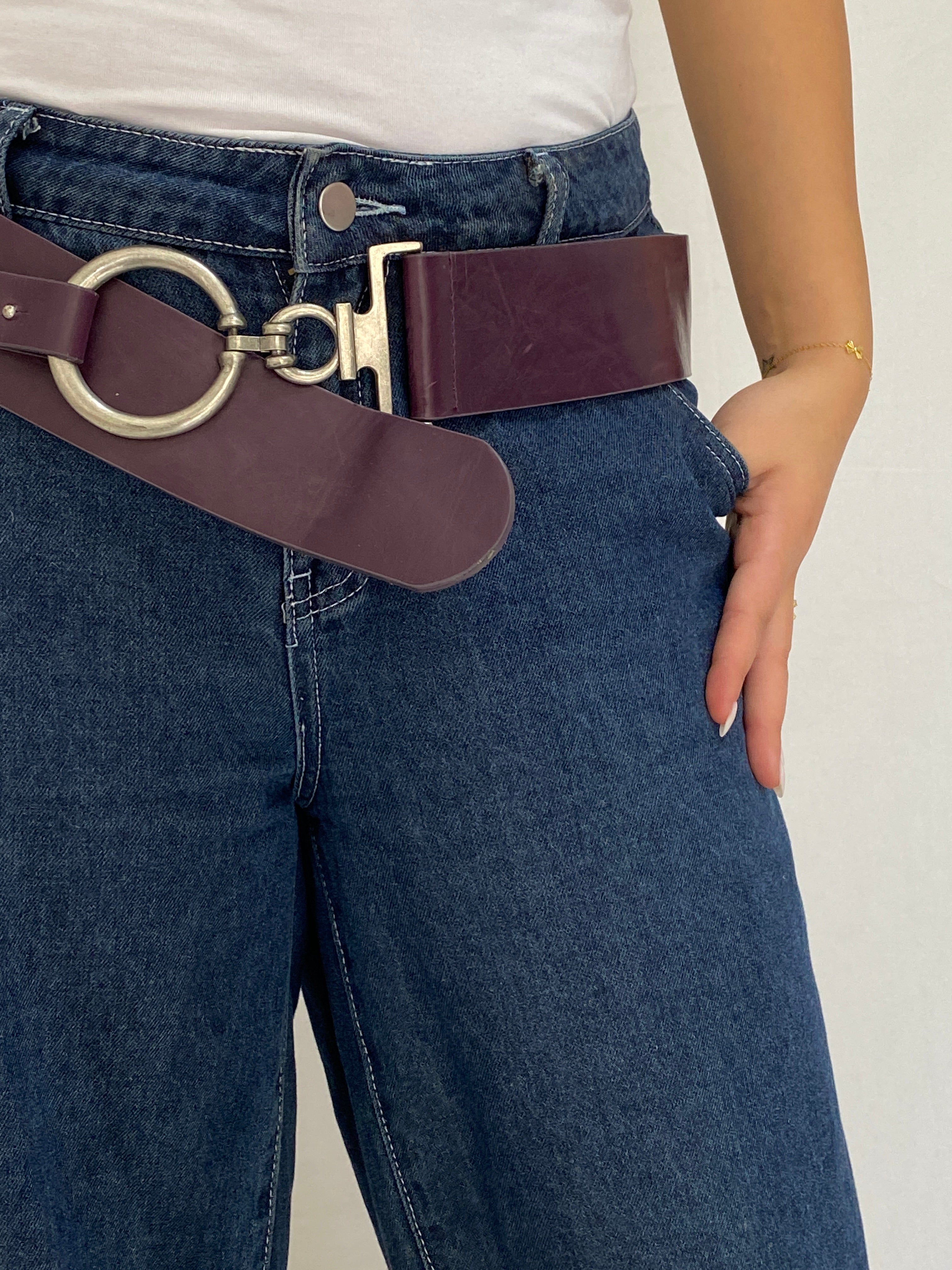 Vintage Wide Purple Genuine Leather Belt Oversized Silver Ring Clasp Y2K Waist Belt