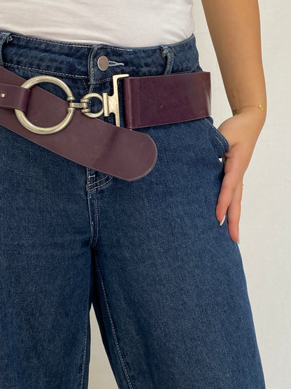 Vintage Wide Purple Genuine Leather Belt Oversized Silver Ring Clasp Y2K Waist Belt