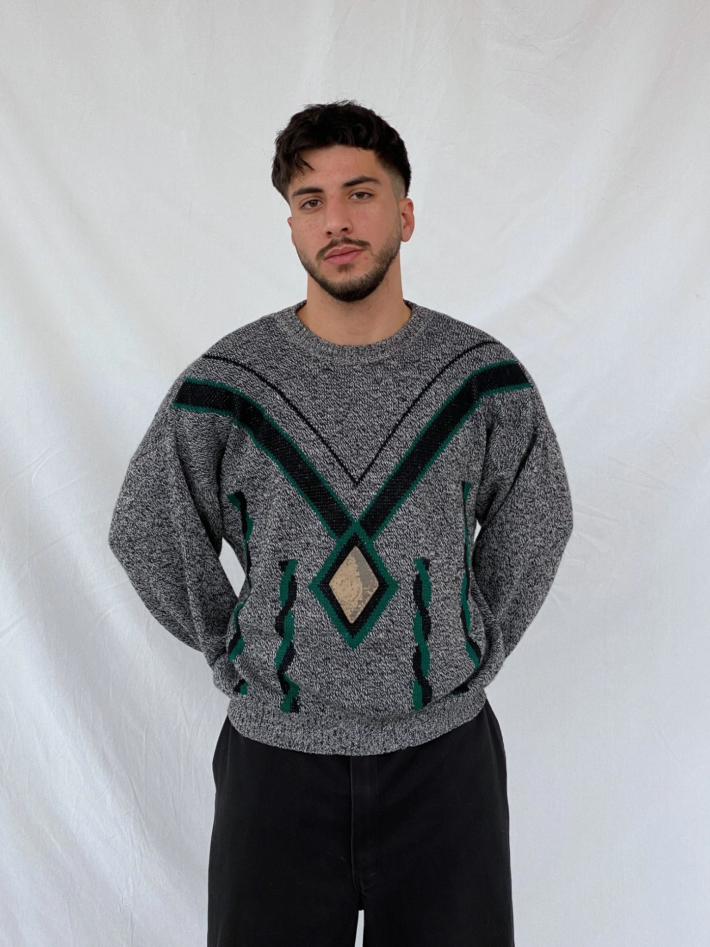 Vintage 90s Italian Wool Blend Grey Green Men’s Crew Neck Knitted Sweater - M