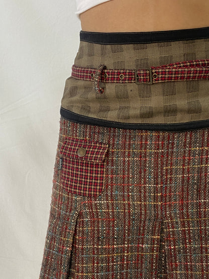 Beautiful Not The Same Red Brown Tweed Pleated Short Belted Skirt - M