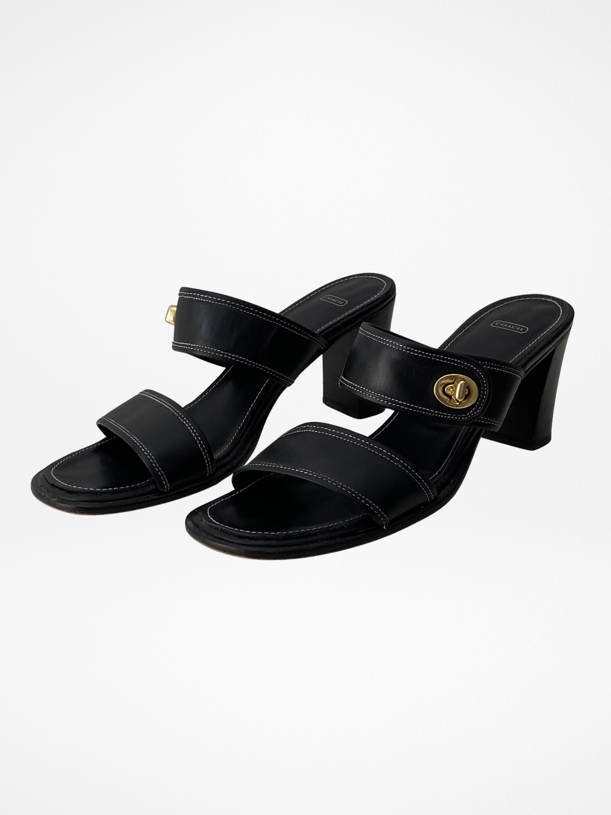 Vintage Coach Molly Black Leather Turnlock Block Heel Sandals - 38.5 EU