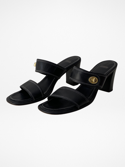 Vintage Coach Molly Black Leather Turnlock Block Heel Sandals - 38.5 EU