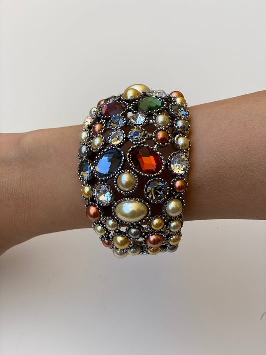 Vintage Jewel Tone Rhinestone Cuff Bracelet Pearl & Crystal Statement Bangle