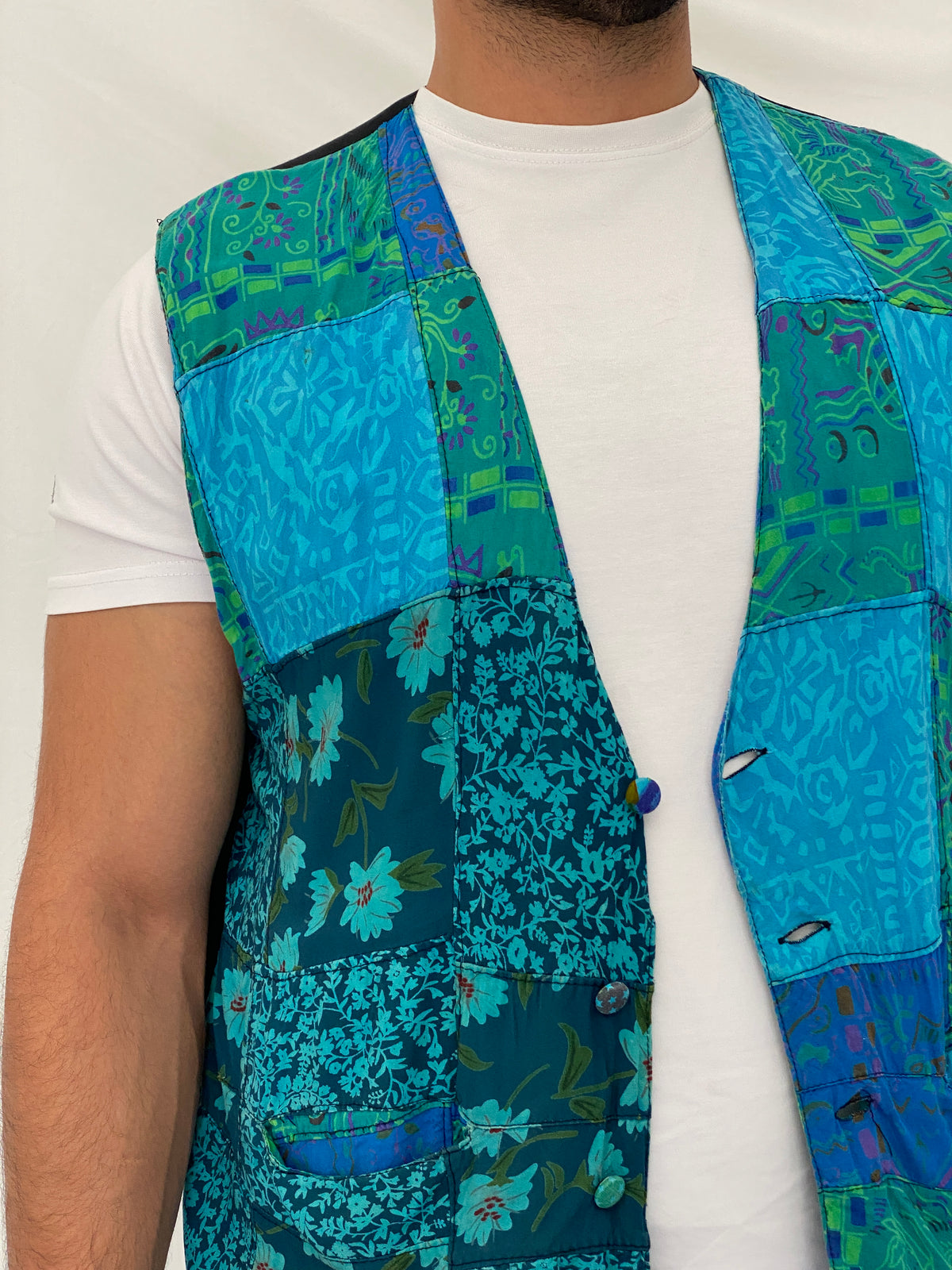 Vintage 90s Nativewear Designs Blue Green Patchwork Boho Festival Vest – XL Vintage 90s Nativewear Designs Blue Green Patchwork Boho Festival Vest – XL