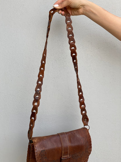 Vintage Boho Brown Hand-Tooled Leather Crossbody Bag Embossed Saddle Bag