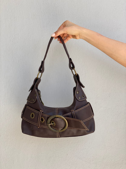 Vintage Y2K Brown Leather Purse Belt Detail Shoulder Bag