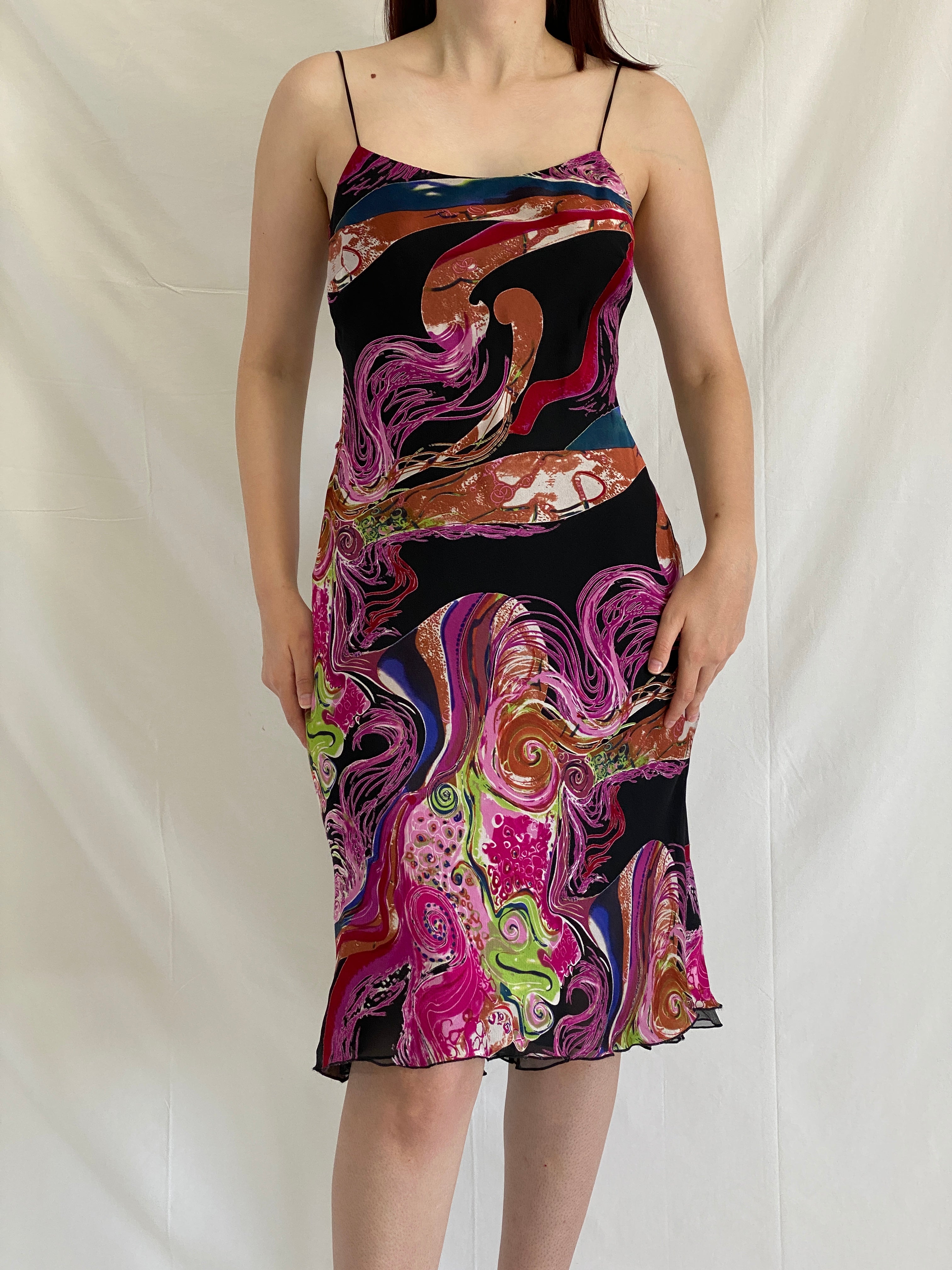 Vintage 90s Abstract Psychedelic Slip Swirl Midi Party Dress - M