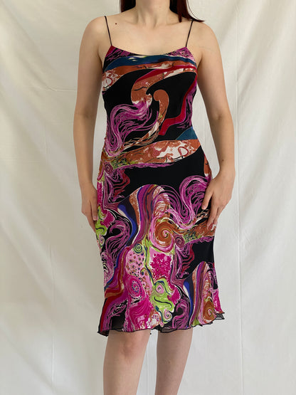 Vintage 90s Abstract Psychedelic Slip Swirl Midi Party Dress - M