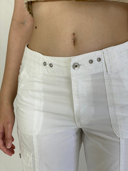 Y2K Essentials White Capri Cargo Cotton Pants Women’s Mid-Rise Cropped Utility Trousers - M