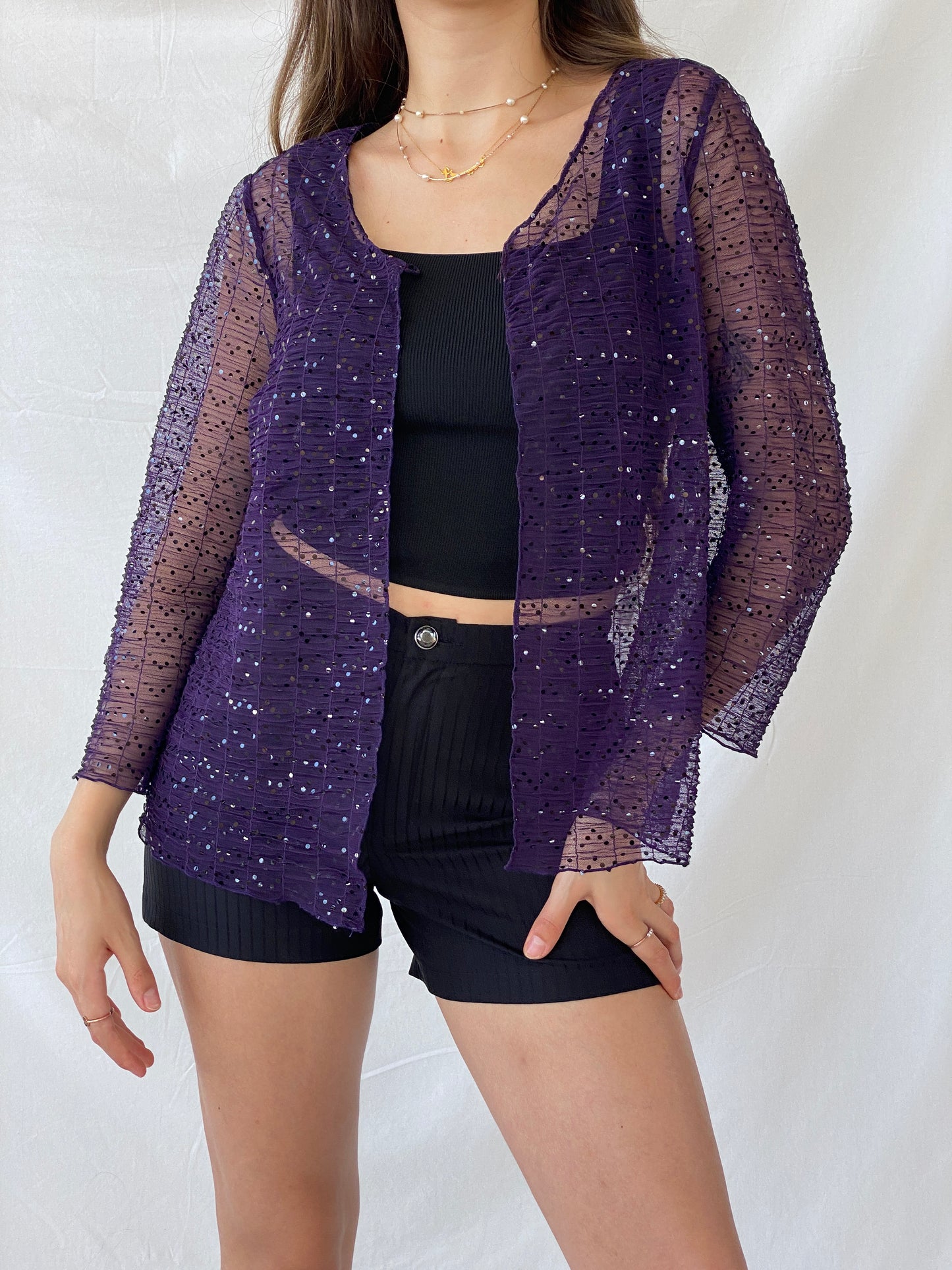 Vintage Talla&Moda Sequined Sheer Purple Cardigan - L