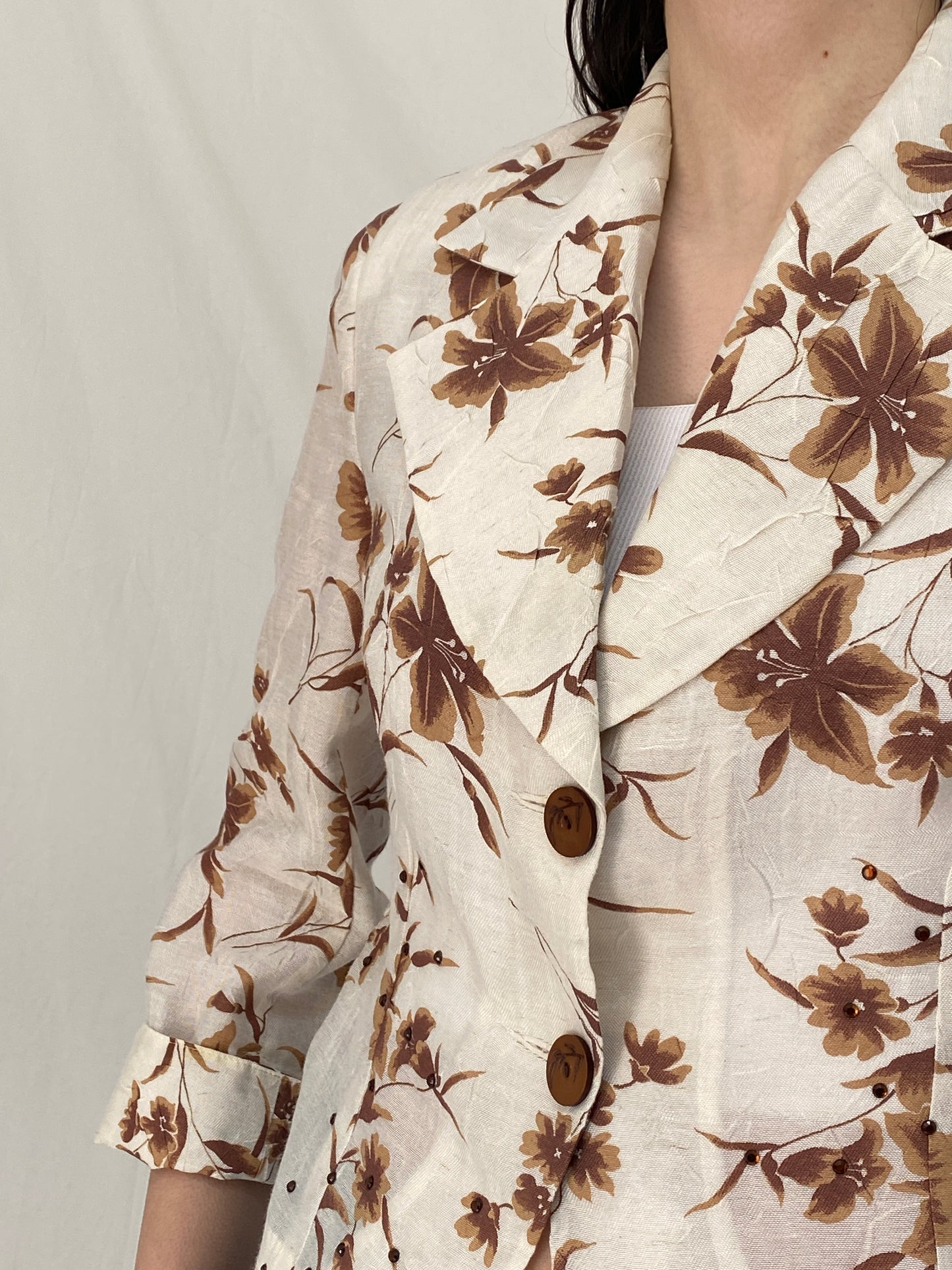 Vintage 90s Sinyor Cream Brown Floral Cropped Blazer - M