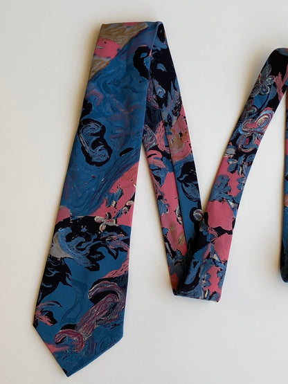 Vintage 1990s Made in Germany Blue Pink Abstract Floral Necktie