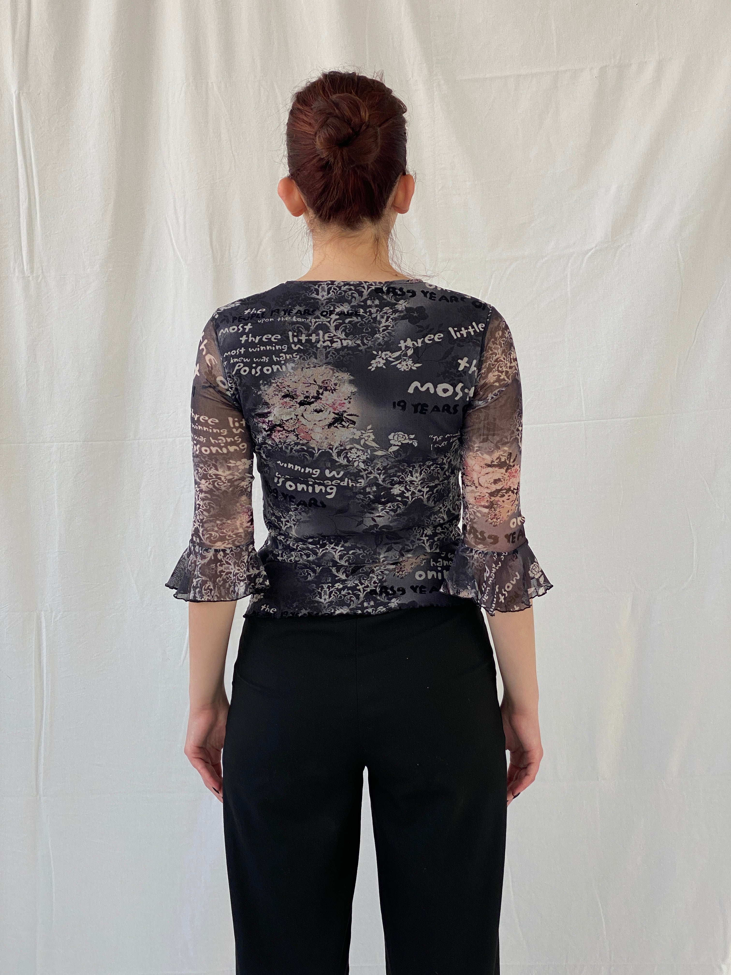 Vintage 90s Pure & Simple Black Graphic 3/4 Sleeve Mesh Top - S