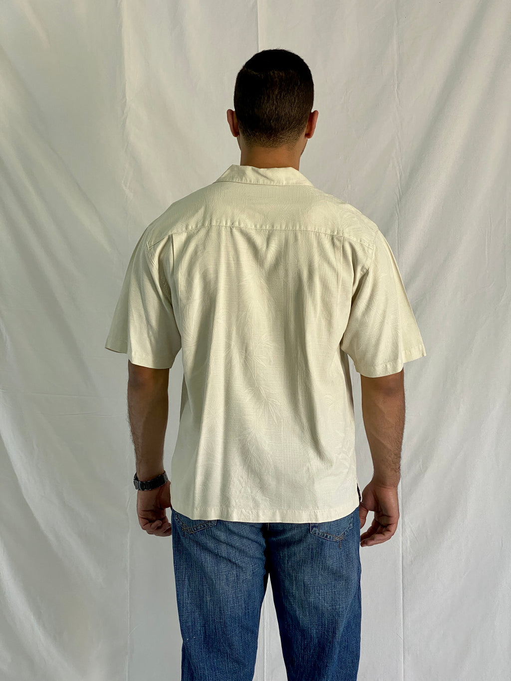 Boundary Bay Silk Men’s Hawaiian Short Sleeve Button Up Cream Color Shirt - L