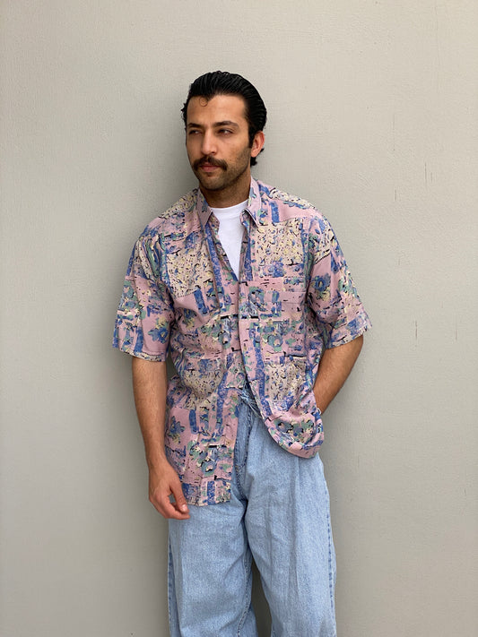 Vintage 90s Microfil Abstract Pastel Print Button-Up Shirt - M
